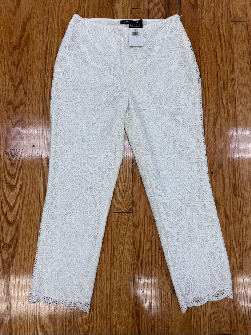 Lauren Ralph Lauren White Textured Lace Overlay Ankle Cropped Pants Preppy NWT